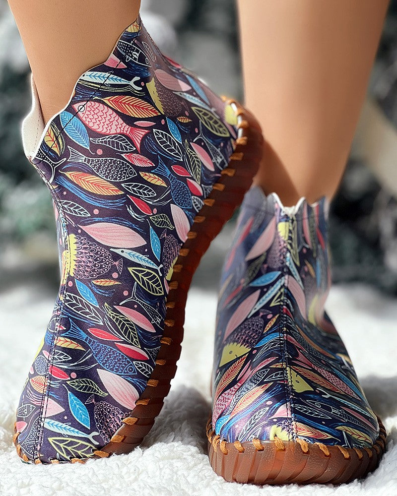 Cartoon Fish Leaf Print Ankle Boots