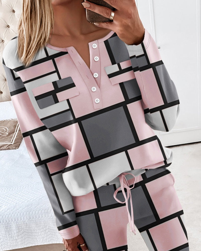 Geometric Print Buttoned Top & Drawstring Pants Set