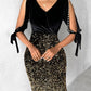 Colorblock Velvet Contrast Sequin Beaded Bodycon Dress