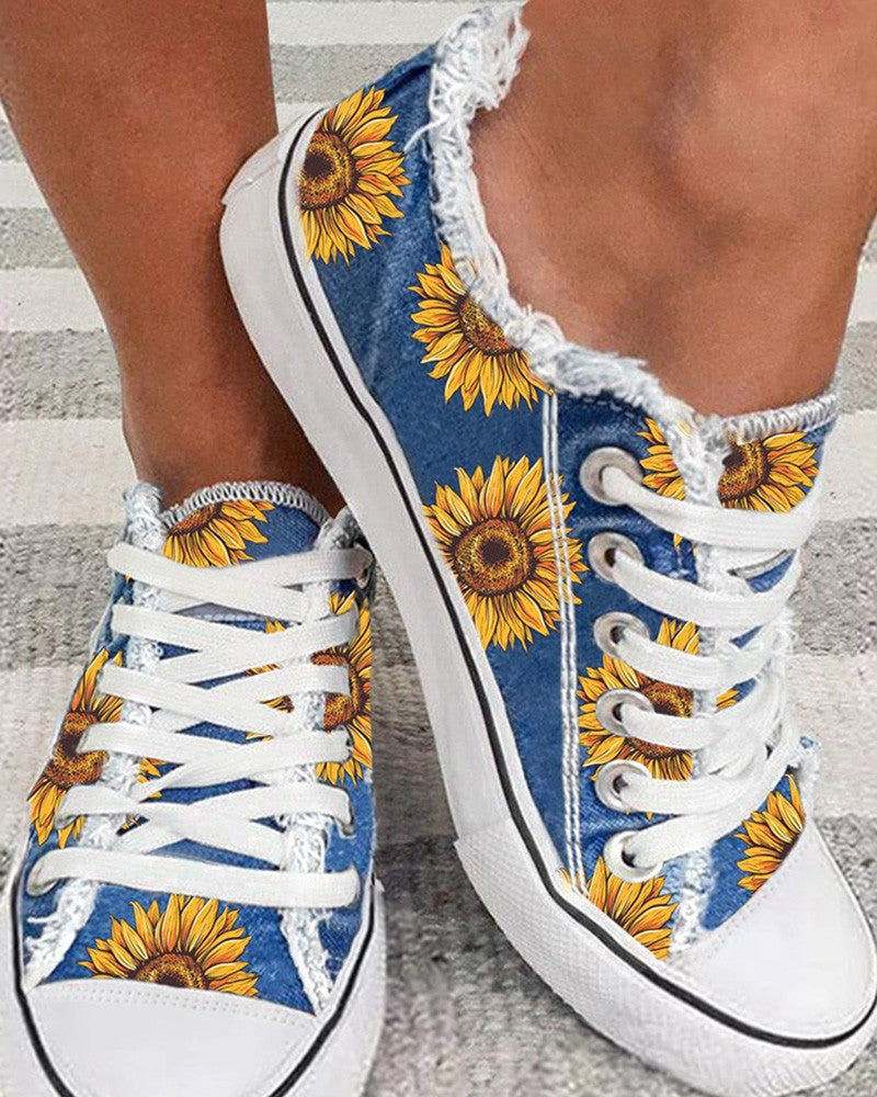 Sunflower Print Lace up Canvas Sneakers