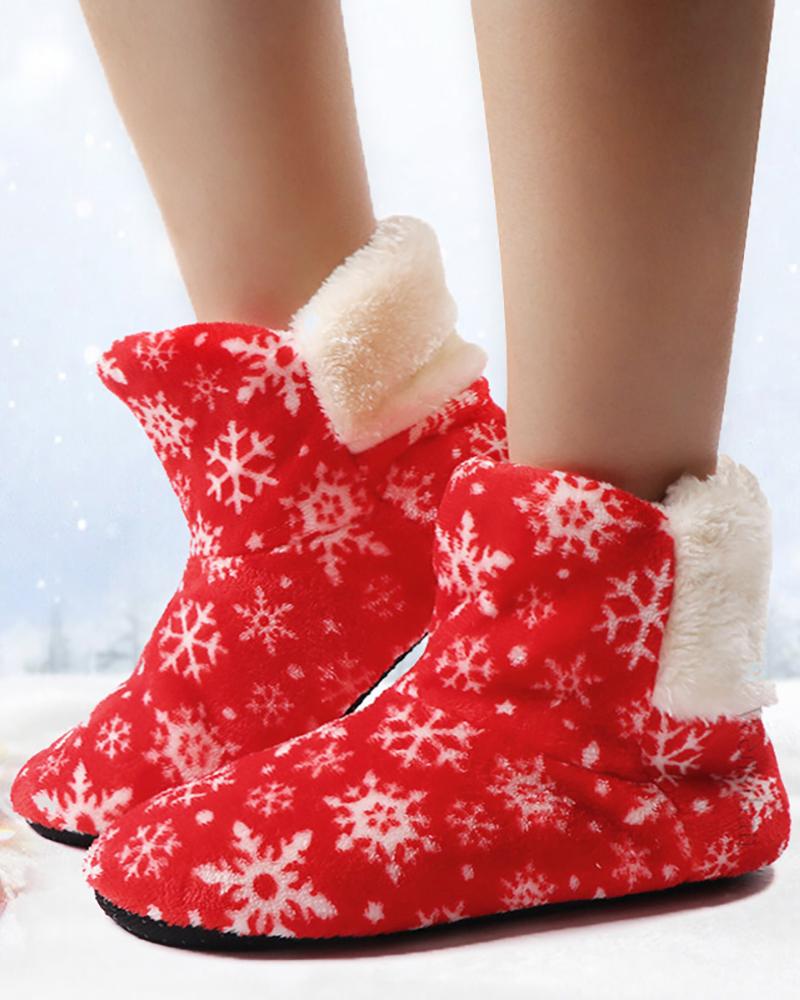 Christmas Snowflake Print Fluffy Indoor Boots