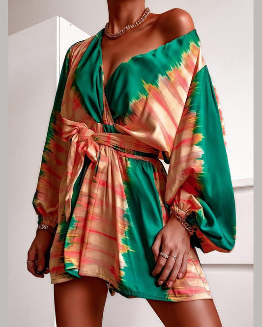 Colorblock Lantern Sleeve Satin Tied Detail Dress