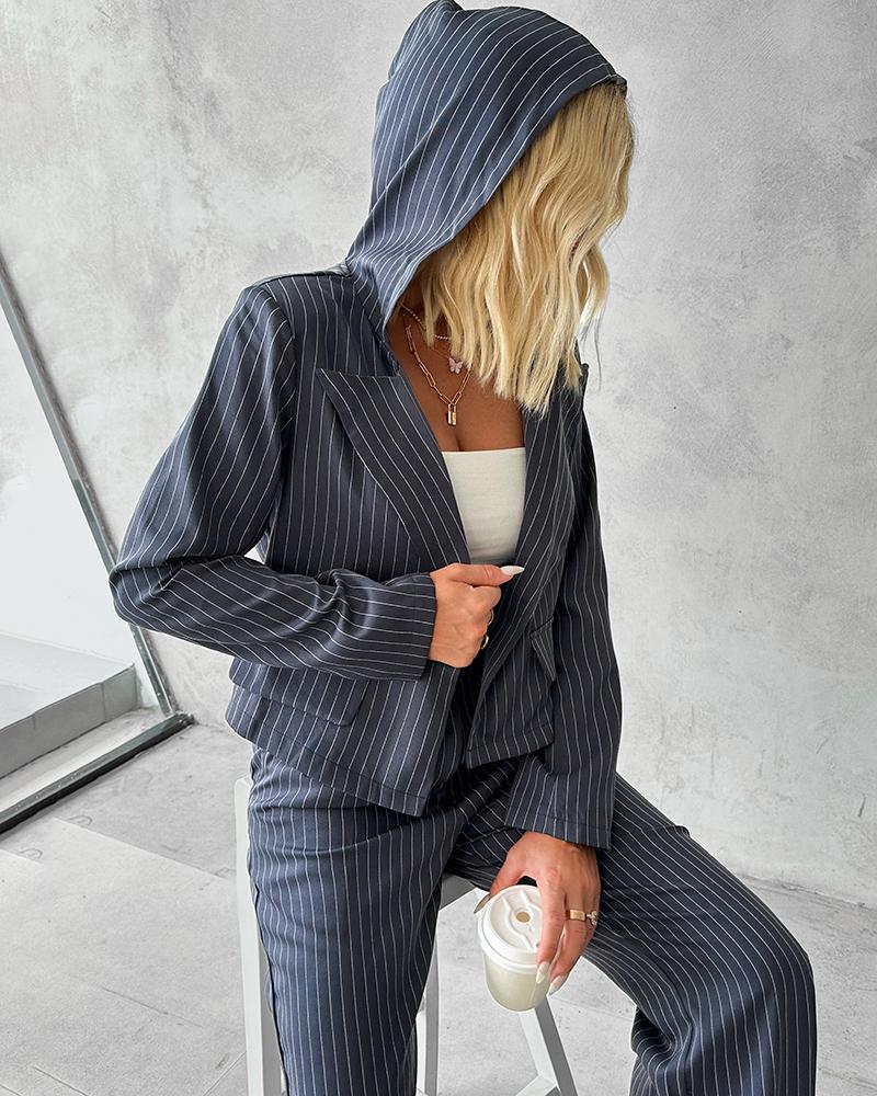 Long Sleeve Buttoned Hooded Blazer Coat & Pants Set