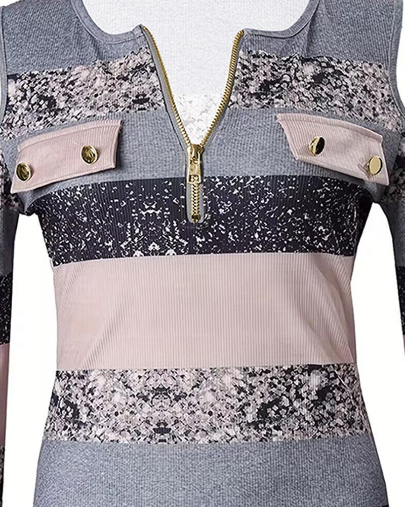 Colorblock Striped Print Cold Shoulder Ribbed Top