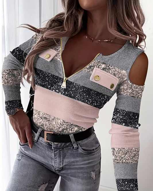 Colorblock Striped Print Cold Shoulder Ribbed Top