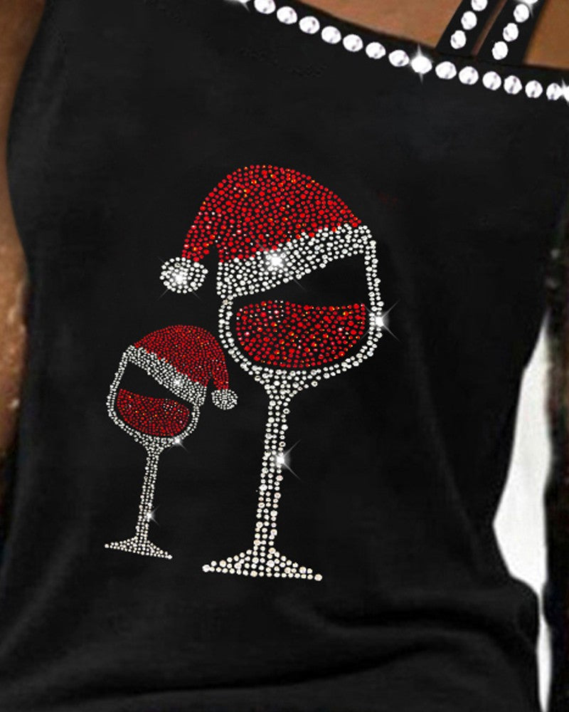 Christmas Wine Glass Print Studded Cold Shoulder Top