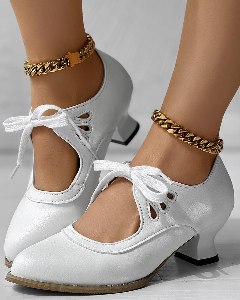 Hollow Out Tied Detail Chunky Heel Pumps