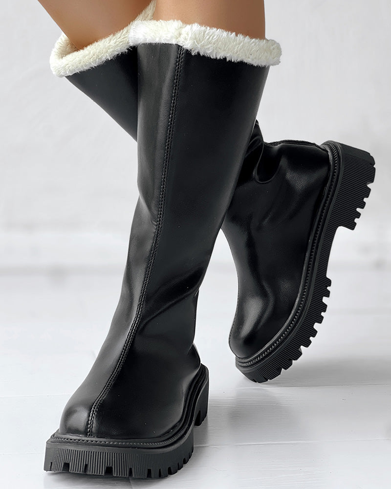 Zipper Design Fuzzy Detail Winter Calf Boots