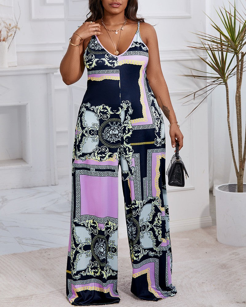 Plus Size Baroque Scarf Print Wide Leg Jumpsuit