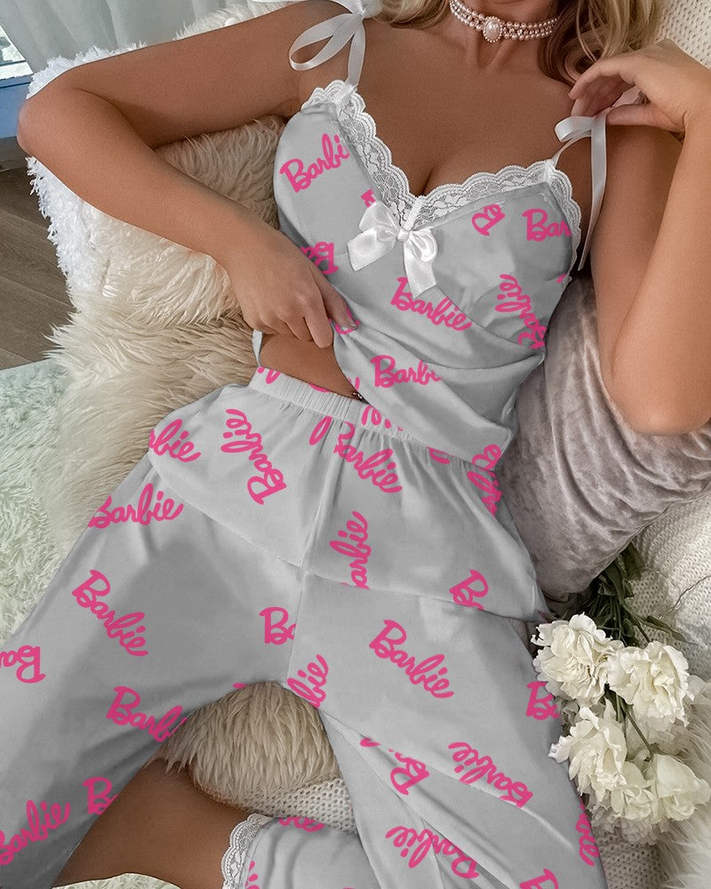 Barbie Letter Print Contrast Lace Cami Set
