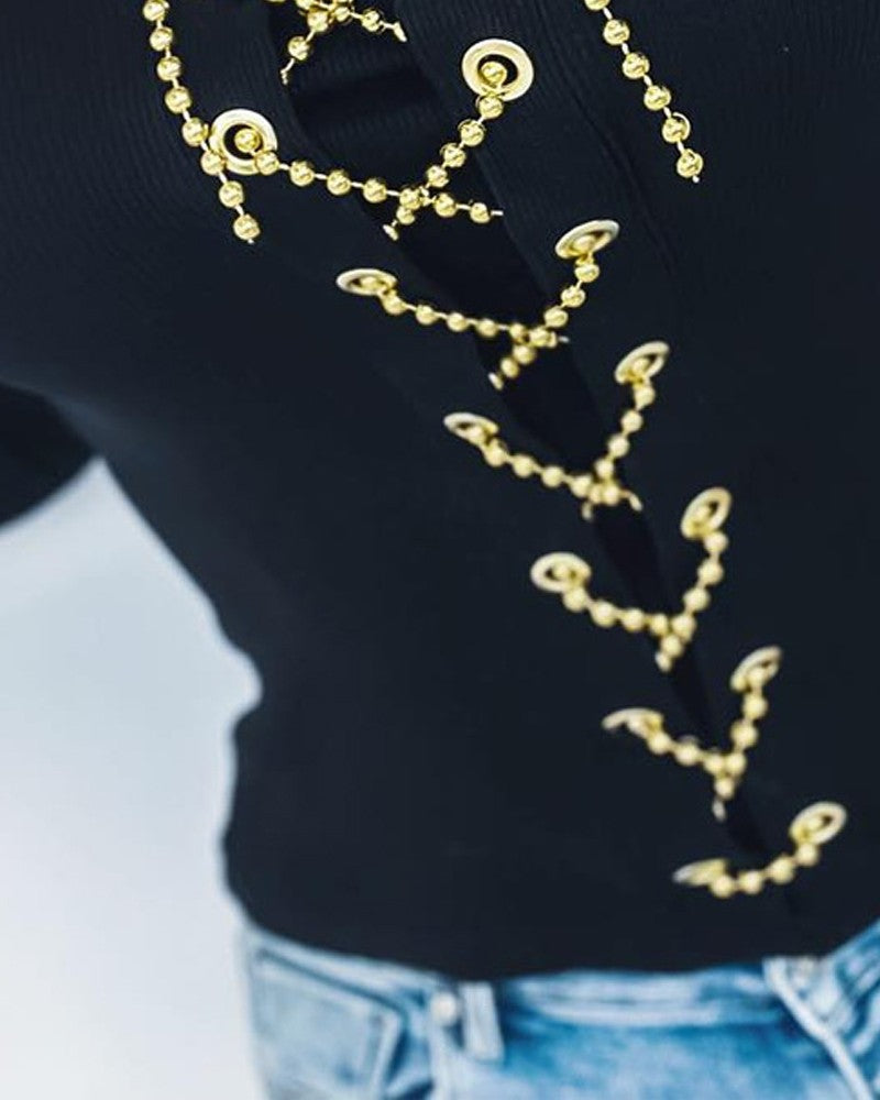 Eyelet Chain Lace up Asymmetrical Top