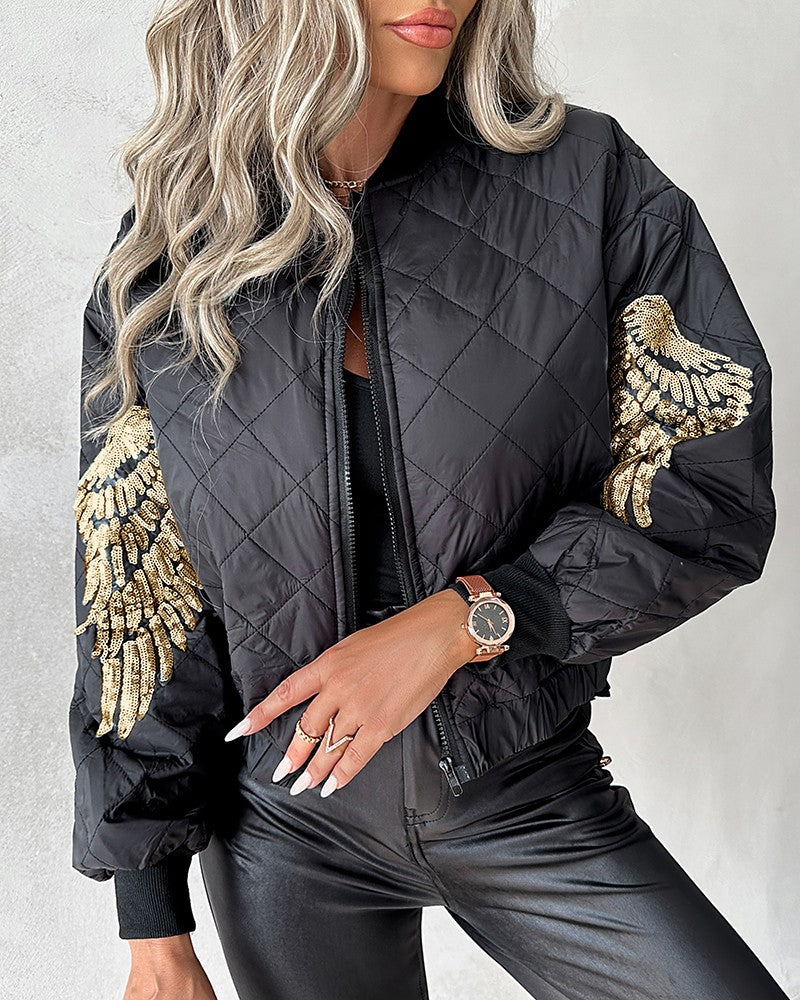 Contrast Sequin Angel Wings Pattern Quilted Puffer Jacket