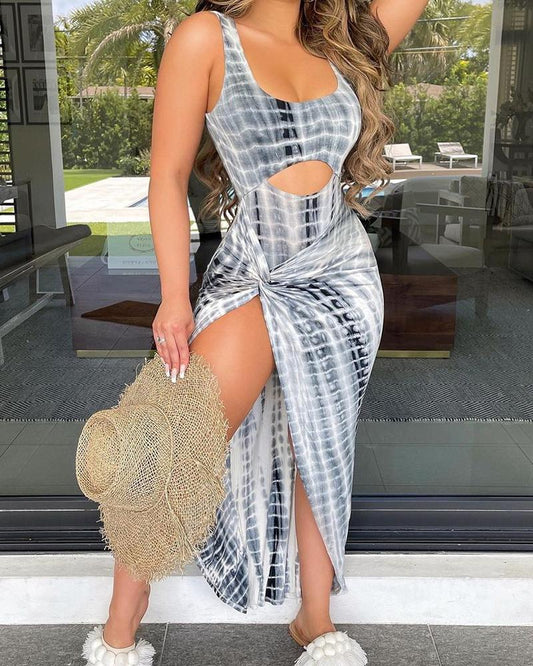 Tie Dye Sleeveless Cut out Midi Sit Dress