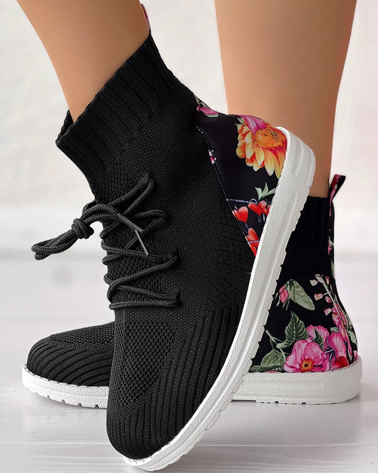 Floral Print Patchwork Bootie Sneakers Lace up Ankle Boots