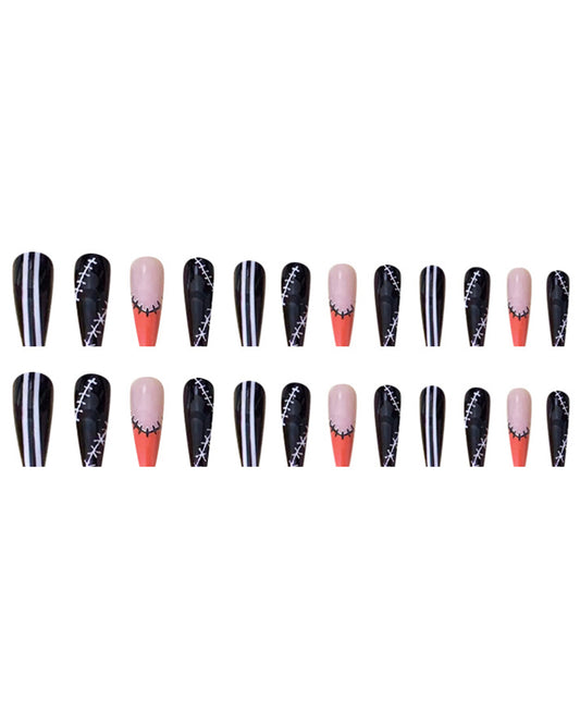 Halloween 24pcs Patch Striped Glossy Full Cover Press On False Nails Set