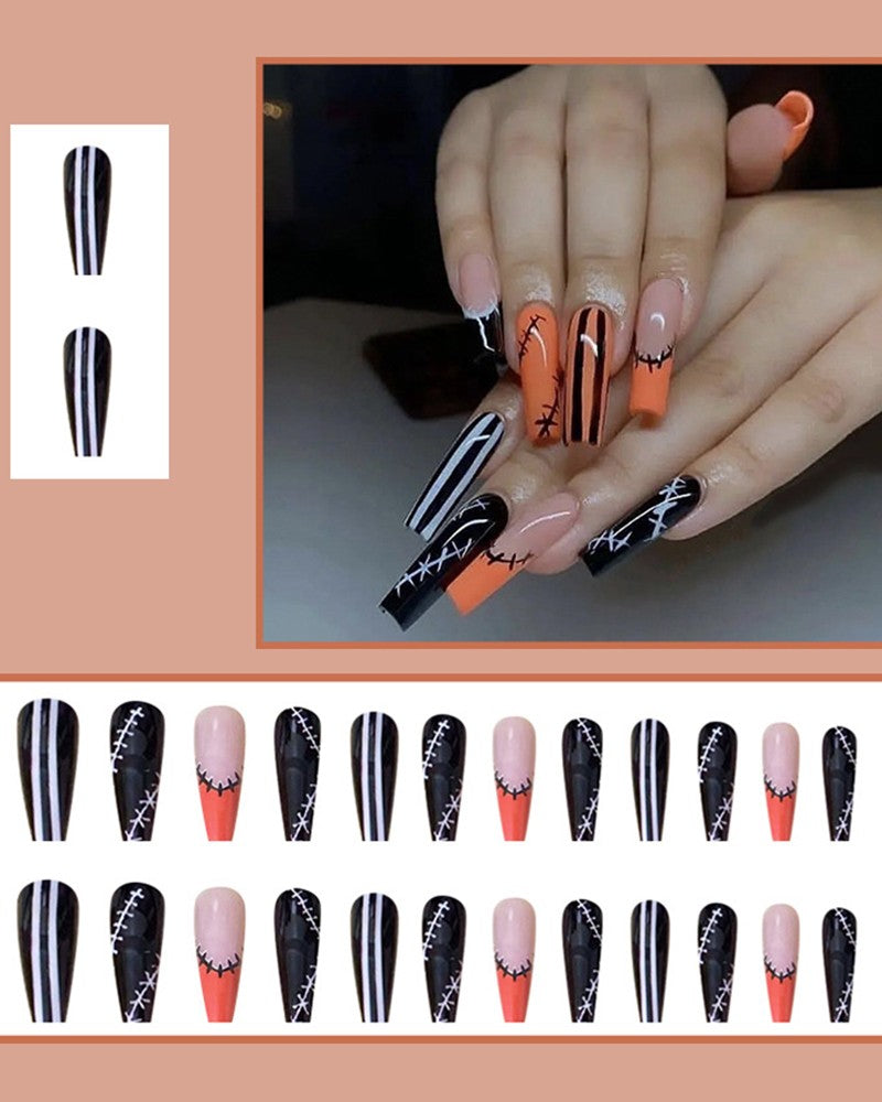 Halloween 24pcs Patch Striped Glossy Full Cover Press On False Nails Set