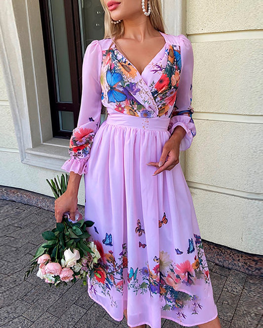 Puff Lantern Sleeve Floral Butterfly Print Dress