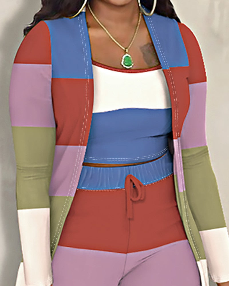 Plus Size Striped Colorblock Cami Top & Pants Set With Coat