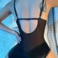Sheer Mesh Backless PU Leather Patch Teddy