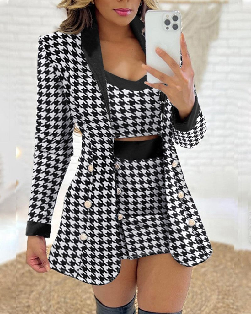 3PCS Houndstooth Print Blazer Coat & Skirt Set With Crop Top