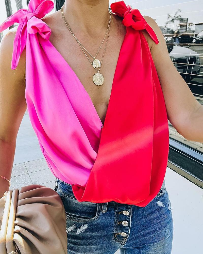 Colorblock Tied Detail Sleeveless Wrap Top
