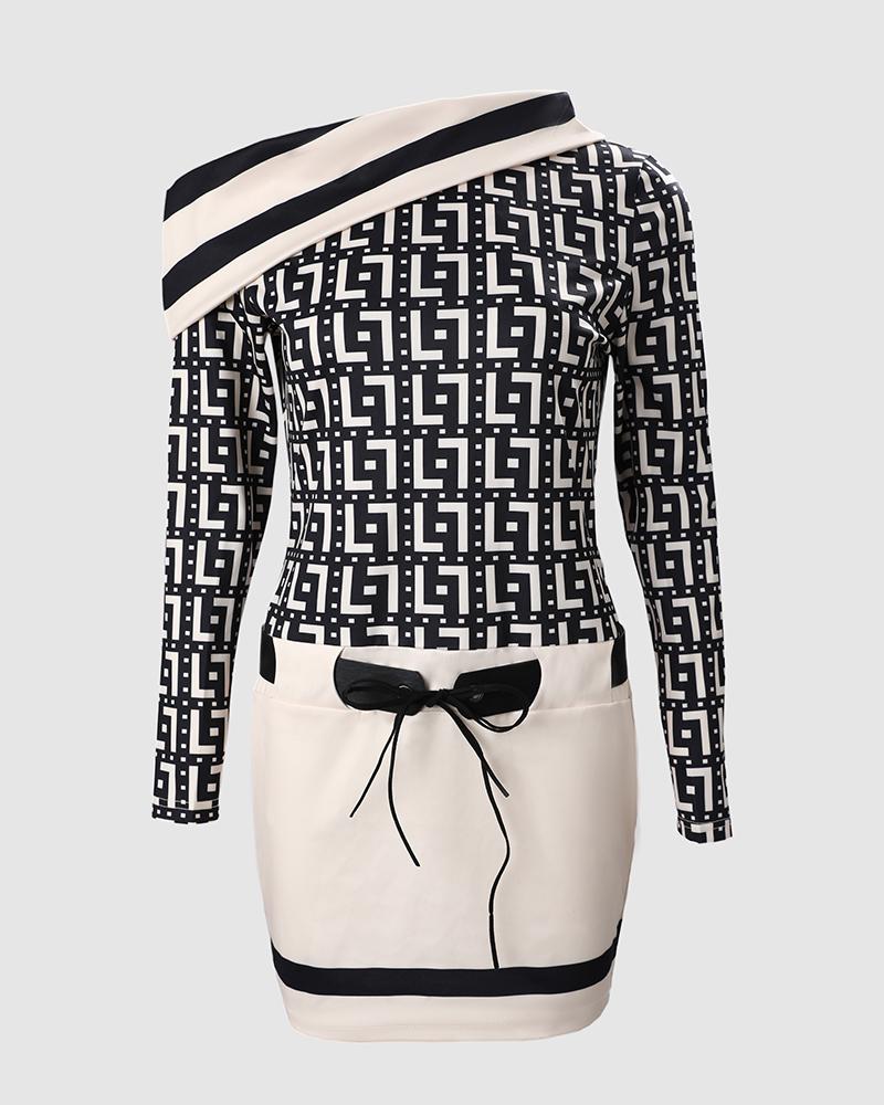 Geometric Print Belted Long Sleeve Dress