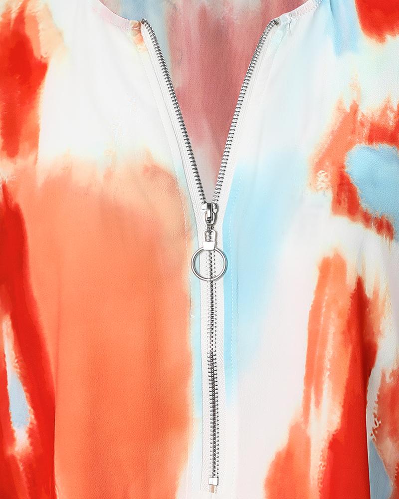 Tie Dye Print Zip Front Bell Sleeve Top