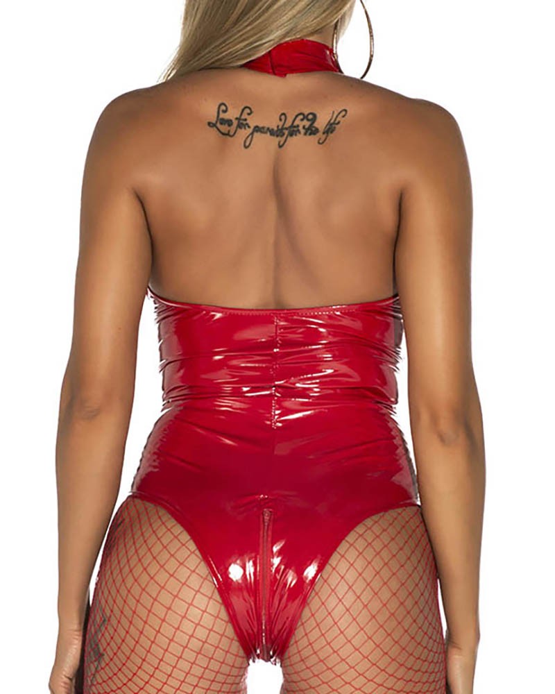 Christmas Lingerie Backless PU Leather Mesh Patch Crotchless Teddy