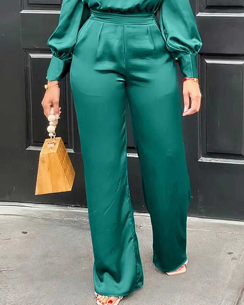 Round Neck Lantern Sleeve Ruched Top & Pants Set