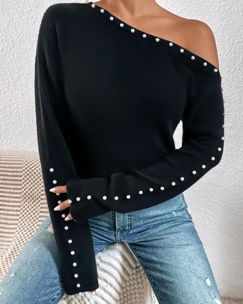 Skew Neck Pearls Decor Top