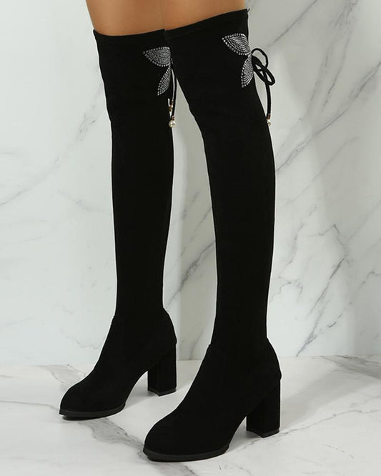 Rhinestone Butterfly Pattern Tied Detail Boots