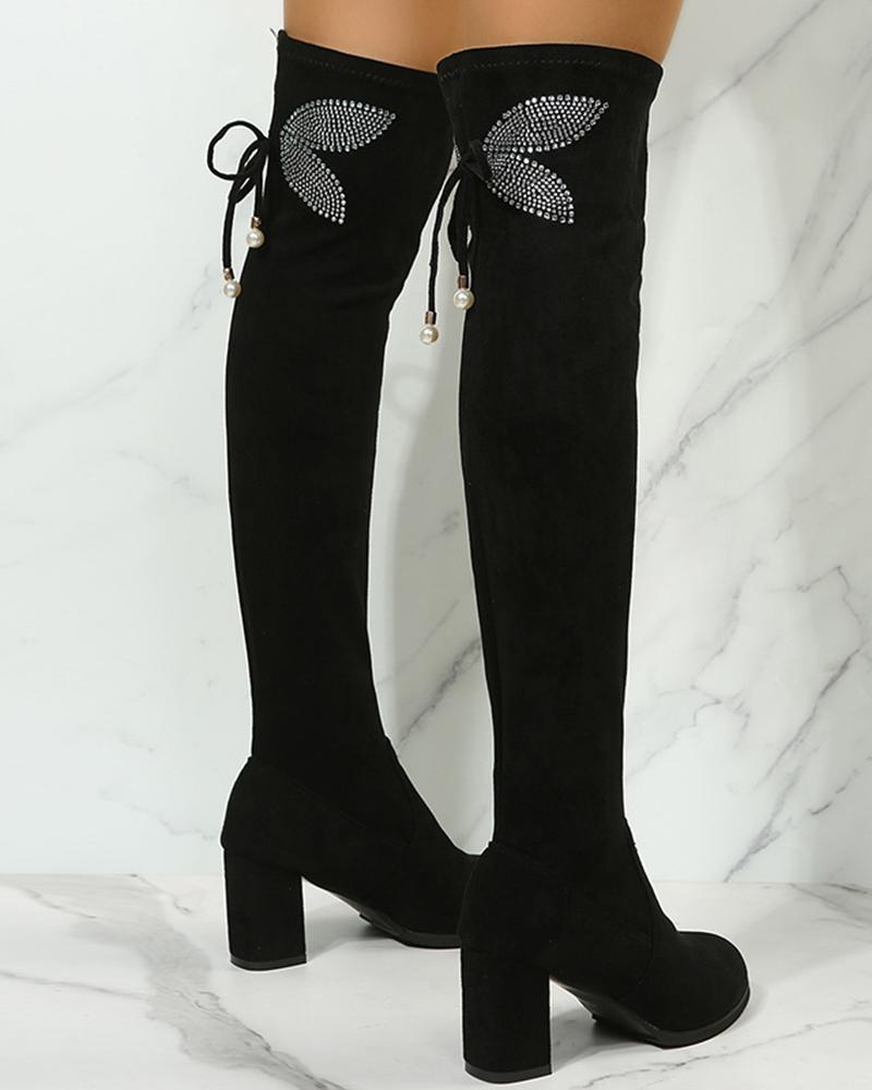Rhinestone Butterfly Pattern Tied Detail Boots