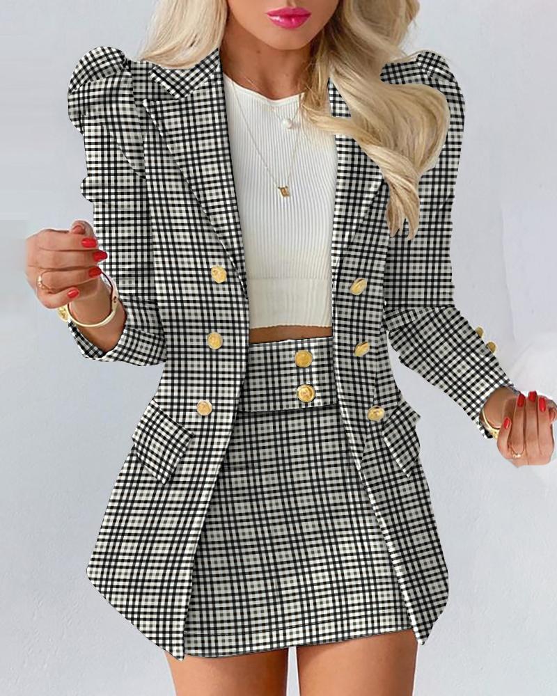 Plaid Print Puff Sleeve Buttoned Blazer Coat & Skirt Set