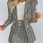 Plaid Print Puff Sleeve Buttoned Blazer Coat & Skirt Set