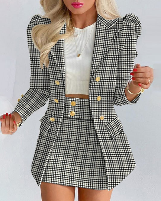 Plaid Print Puff Sleeve Buttoned Blazer Coat & Skirt Set