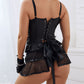 PU Leather Contrast Mesh Eyelet Lace up Bustier Set With Gloves