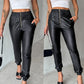 PU Leather Zipper Detail High Waist Cuffed Pants
