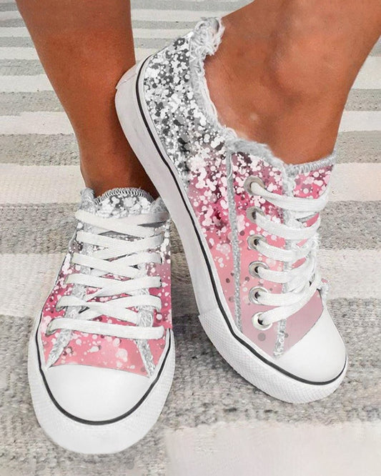 Valentine's Day Ombre Lace up Fringe Hem Canvas Sneakers