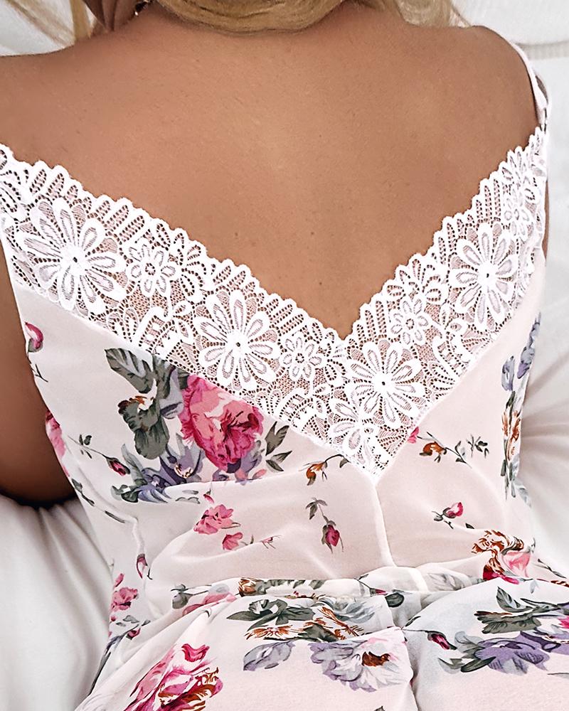 Floral Print Lace Trim Sleep Cami Set