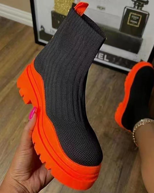 Platform Round Toe Knit Boots