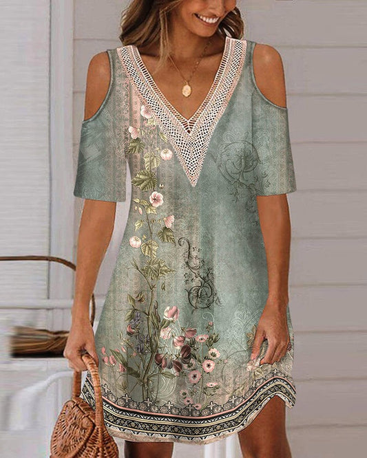 Floral Tribal Print Cold Shoulder Casual Dress
