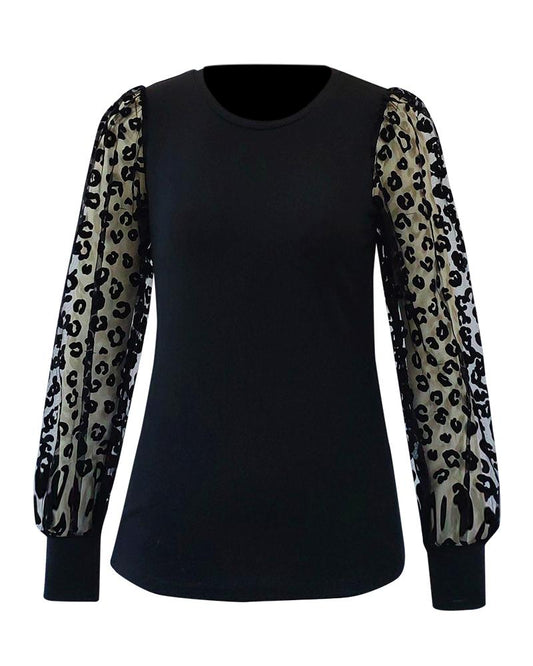 Leopard Print Sheer Mesh Patch Top