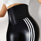 Striped Hook Front Tummy Control PU Leather Leggings