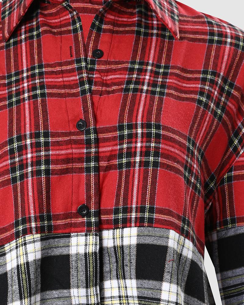Colorblock Plaid Print Long Sleeve Button Down Shirt