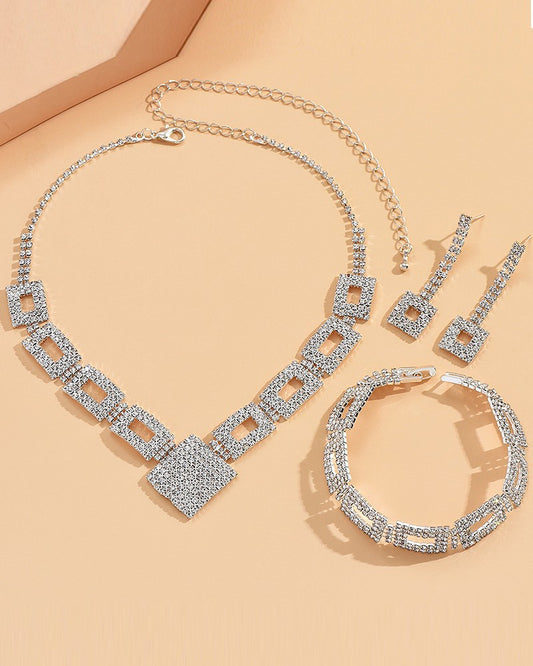 3PCS Allover Rhinestone Hollow Out Square Pendant Necklace & Drop Earrings & Bracelet Evening Party Wedding Jewelry Set