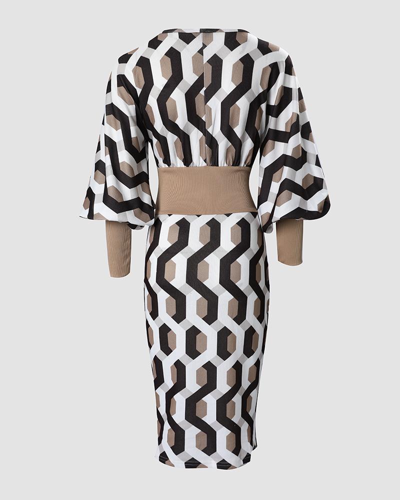 Geometric Print Lantern Sleeve Midi Dress