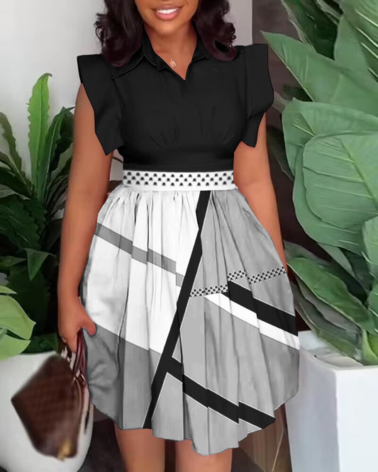 Geometric Print Flutter Sleeve Pleated Casual Dress