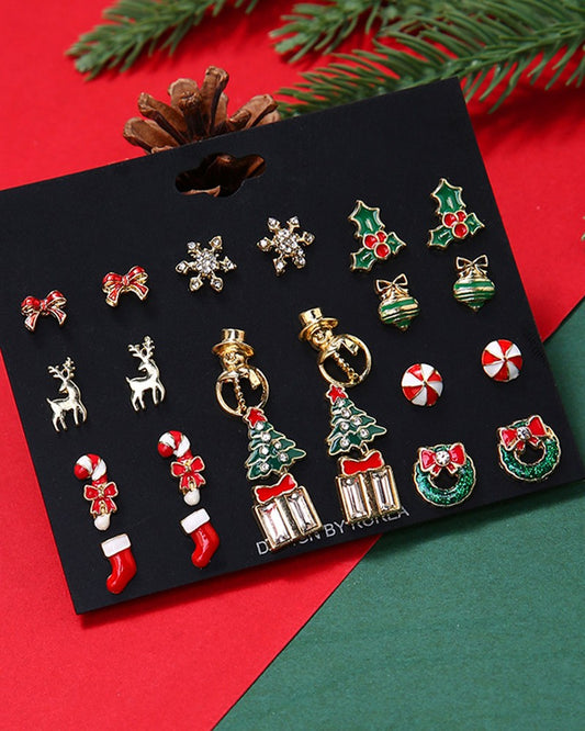 12Pairs Christmas Snowflake Elk Shaped Stud Earrings Set