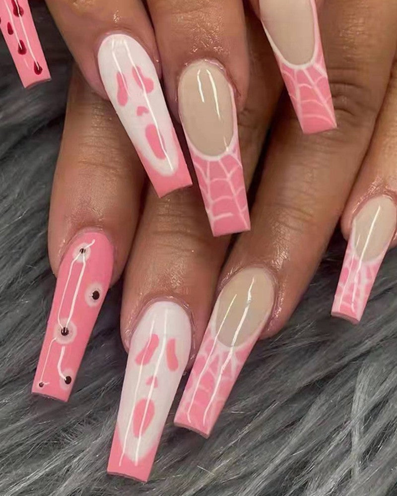 24pcs Halloween Ghost Web Pink Removable Fake Coffin Nails Set