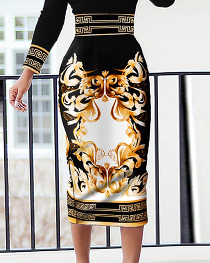 Baroque Geometric Print Long Sleeve Work Dress